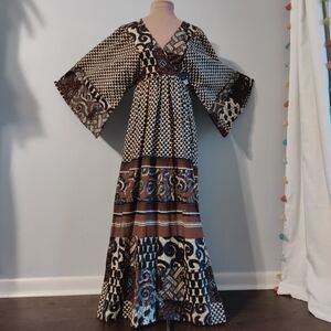 Indian block print Maxi Dress Butterfly Sleeves 70s Vintage natural  cotton  SM
